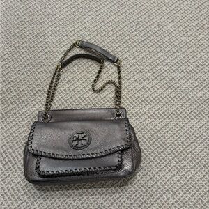 Tory Burch Black Leather Whipstitch Chain Shoulder Bag